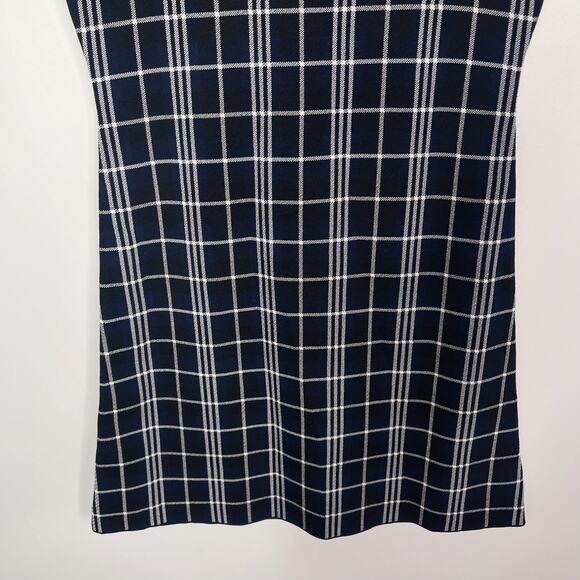 Theory Large Navy Blue Black Branteen JP Lustrate Knit Plaid Dress Short Sleeve - Picture 4 of 9
